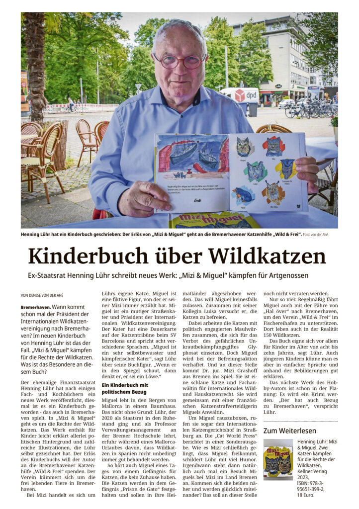 Zeitungsartikel der Nordseezeitung vom 17.07.2023 über den Autoren Henning Lühr und sein Buch Mizi und Miguel